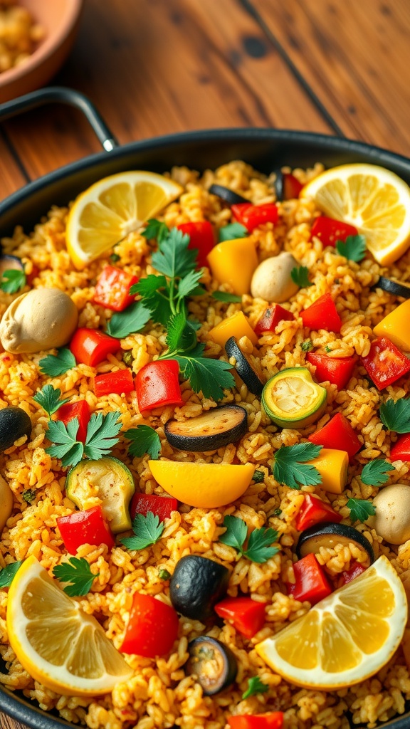 A colorful vegetarian paella with seasonal vegetables, garnished with parsley and lemon wedges in a paella pan.